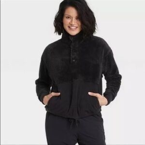 Women's Sweatshirt  Snap Front  Cozy Sherpa Pullovers Jacket Coat Black